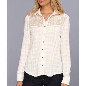 Free People Basket Stripe Button Up Gauze Shirt Lace Saddle Up Shirt Sz 2 cowboy